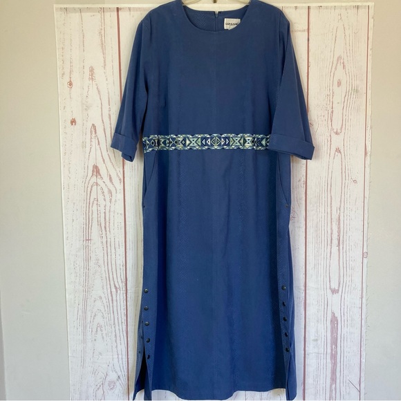 Vintage Liz & Me Maxi Dress Plus Size 3X Blue Moleskin Snake Texture 3/4 Sleeve - Picture 2 of 14